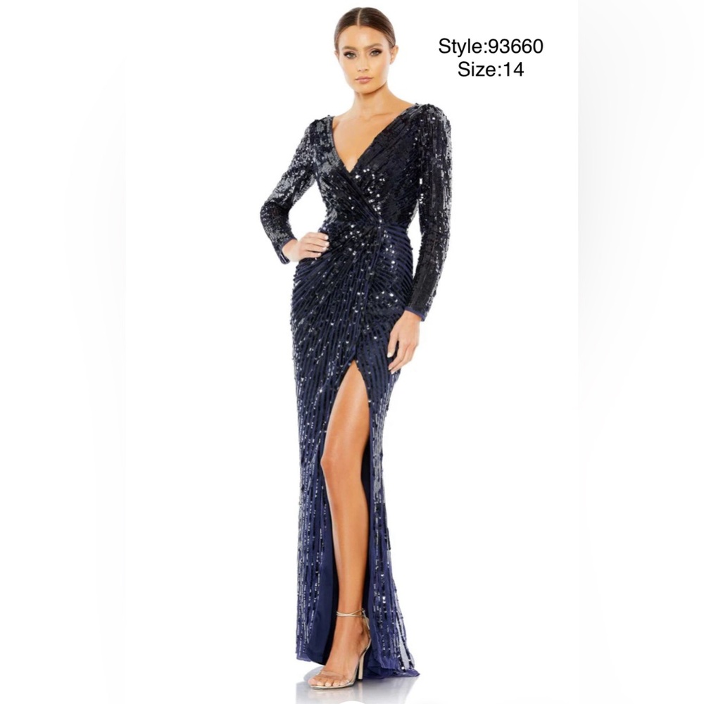 V neckline long gown ruched surplice bodice and front high slit
